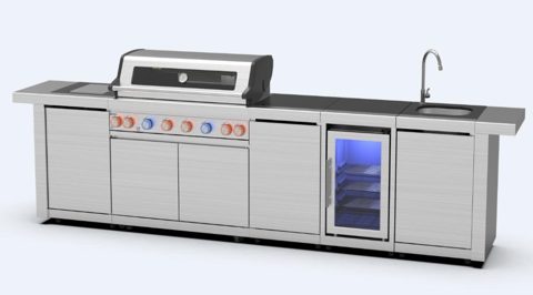 RVS buitenkeuken 366 cm – BuitenStek Modula 6-brander set (grill, zijbrander, koelkast, spoelbak, kast)